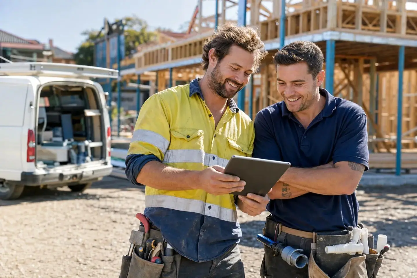 Builder and plumber checking a tablet in front of a timber-framed house and a work van
