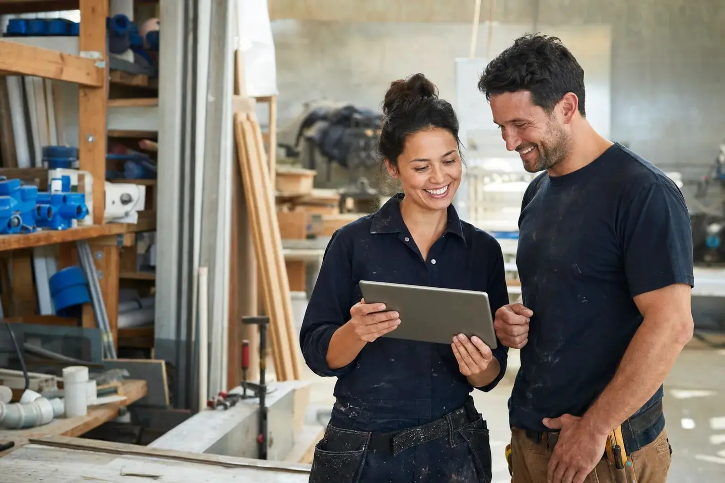 Two tradies reviewing a tablet in a workshop with pipe fittings and timber on the shelves behind
