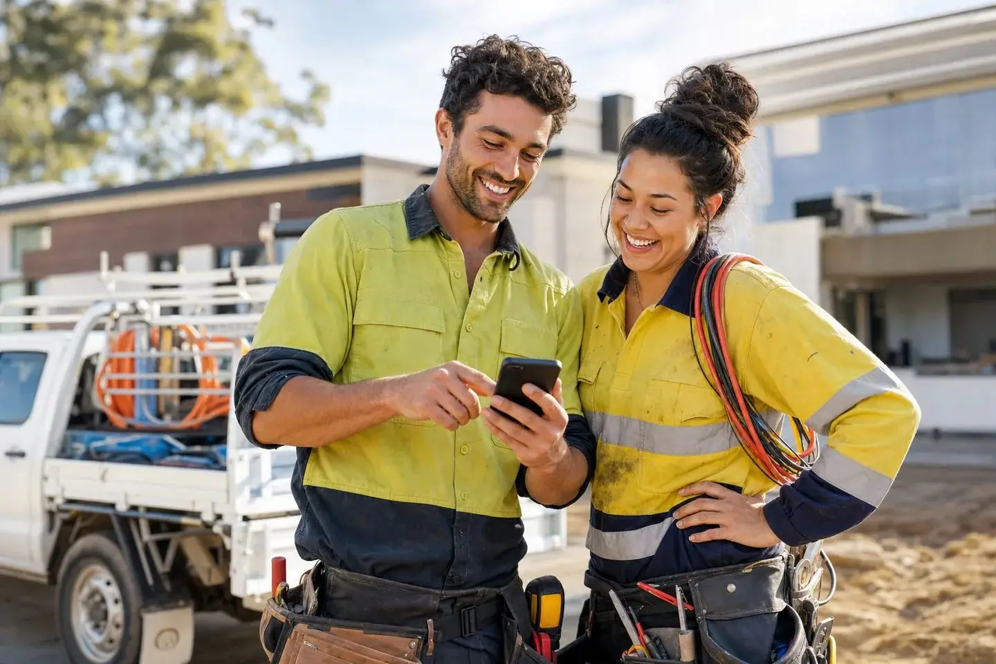 Two tradies in hi-vis shirts checking a quote on a phone beside a work ute on an Australian job site