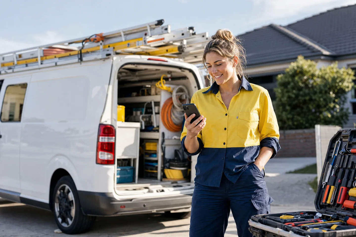 Self-employed electrician smiling at her phone beside a work van and electrical tools
