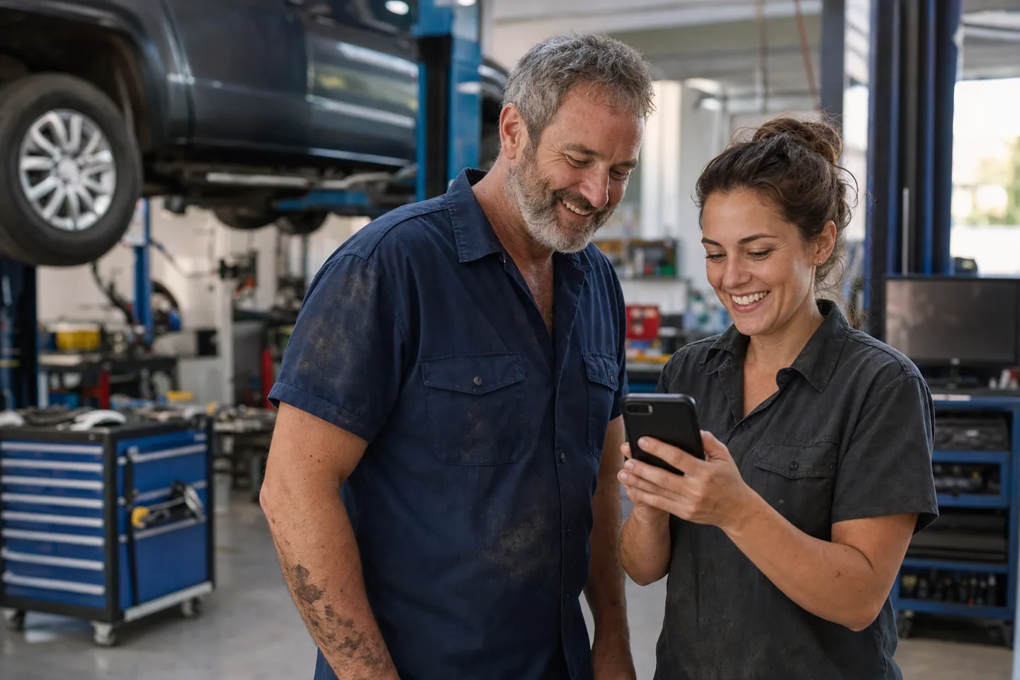 Mechanic and workshop owner smiling with relief while checking a phone in an automotive workshop