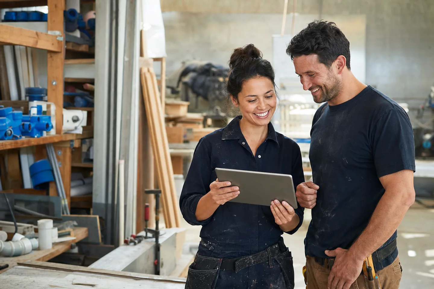 Plumber and carpenter smiling while checking a tablet together in a busy trade workshop