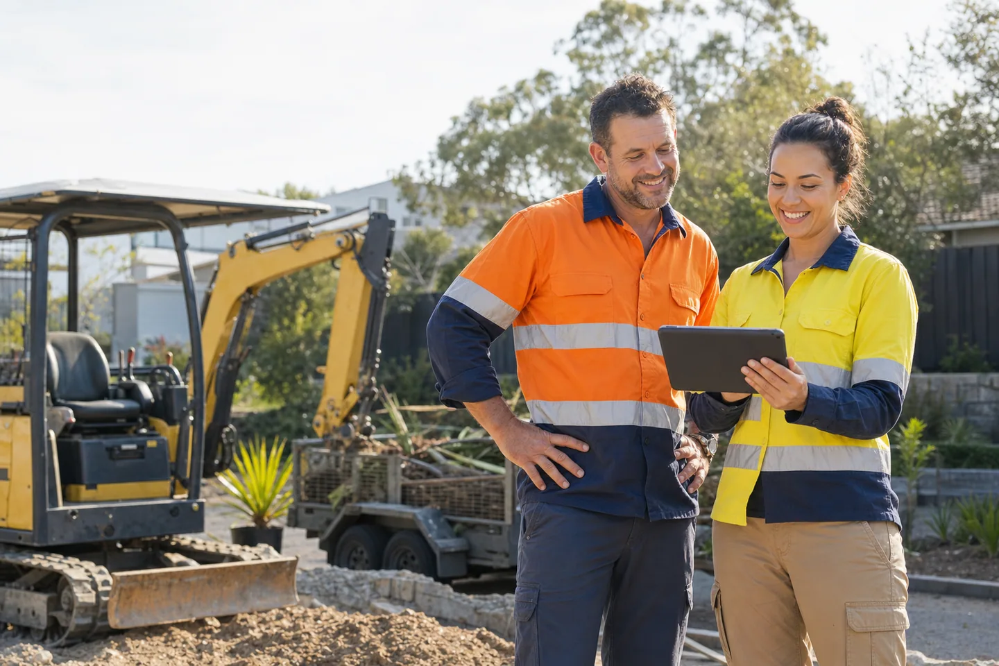Earthmoving operator and landscaper reviewing equipment details on a tablet beside an excavator