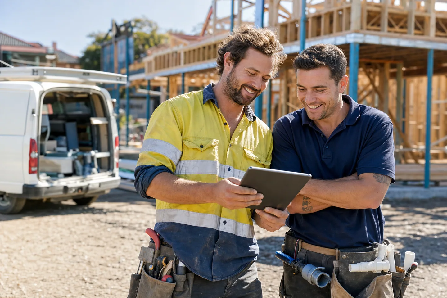 Builder and plumber smiling while reviewing a business update on a tablet at an Australian worksite